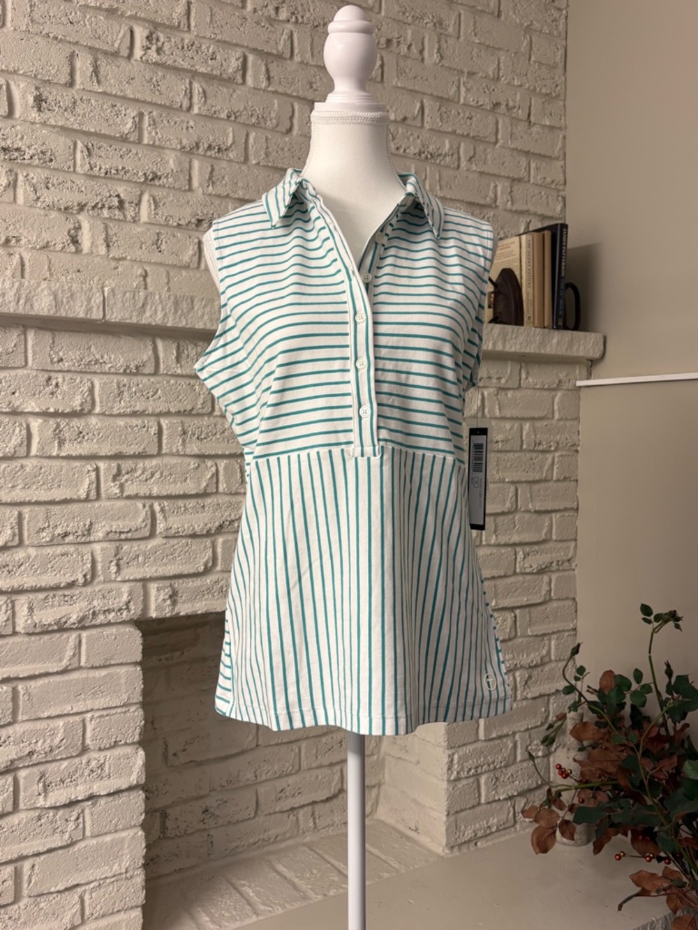 NWT Tribal SportSleeveless Striped Polo Top Reef Green/White Size Medium